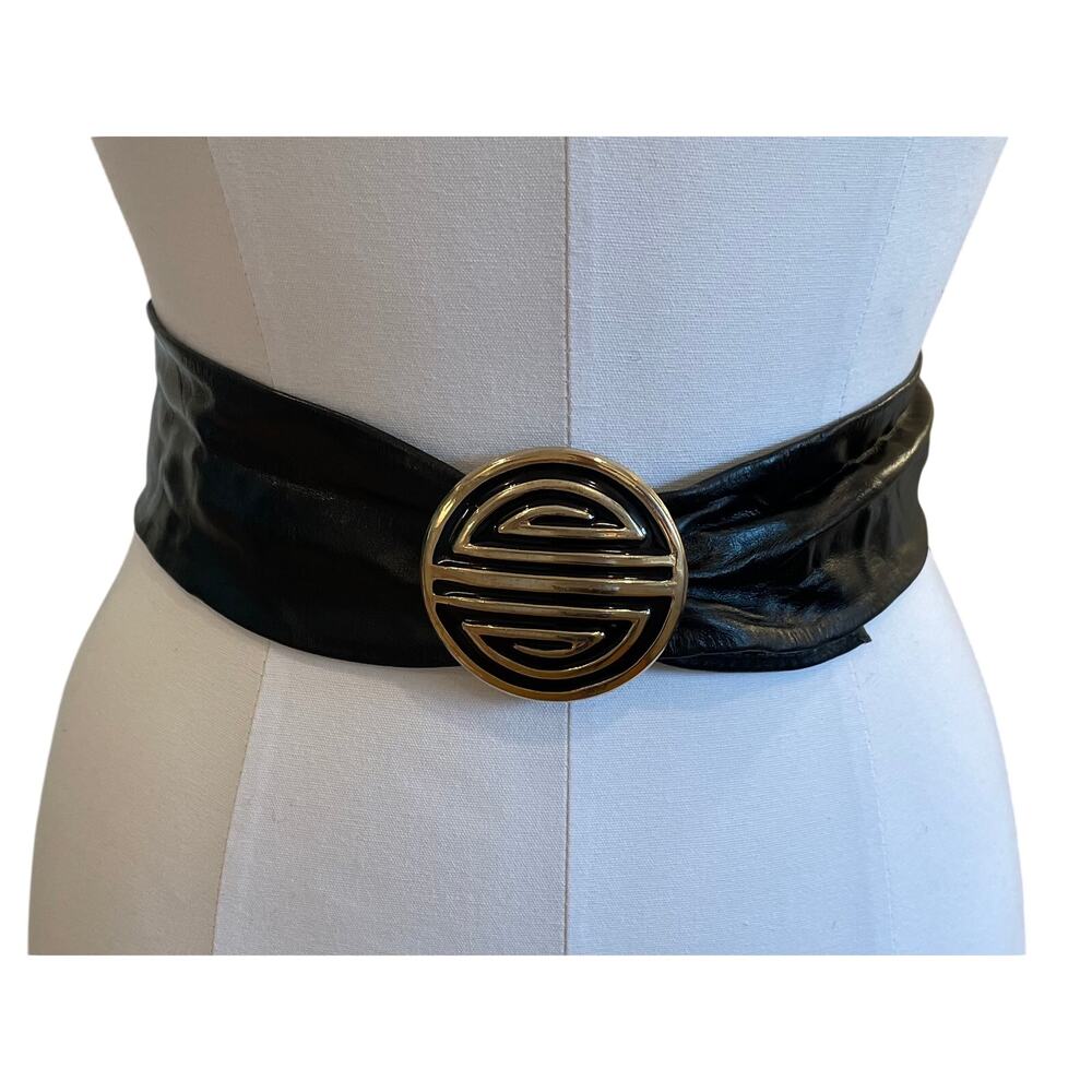 Vintage Wide Leather Black Belt with Gold Tone Buckle, Retro, 80s, S